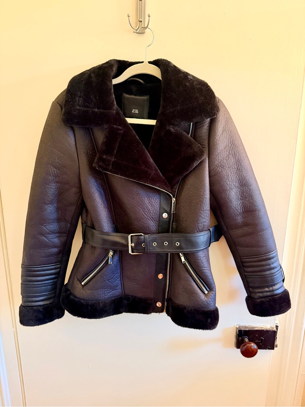River Island Black Shearling-Trimmed Leather Aviator Jacket